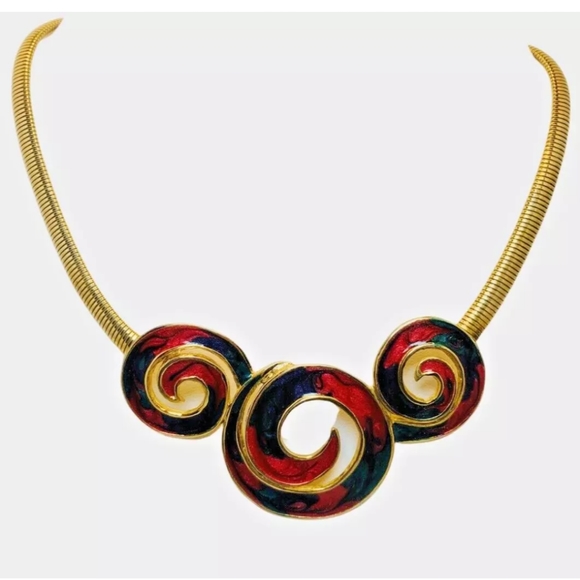 VTG RED BLACK SWIRL OMEGA NECKLACE 18" STATEMENT GOLD TONE 80s Lovecore TRENDY - Picture 1 of 7